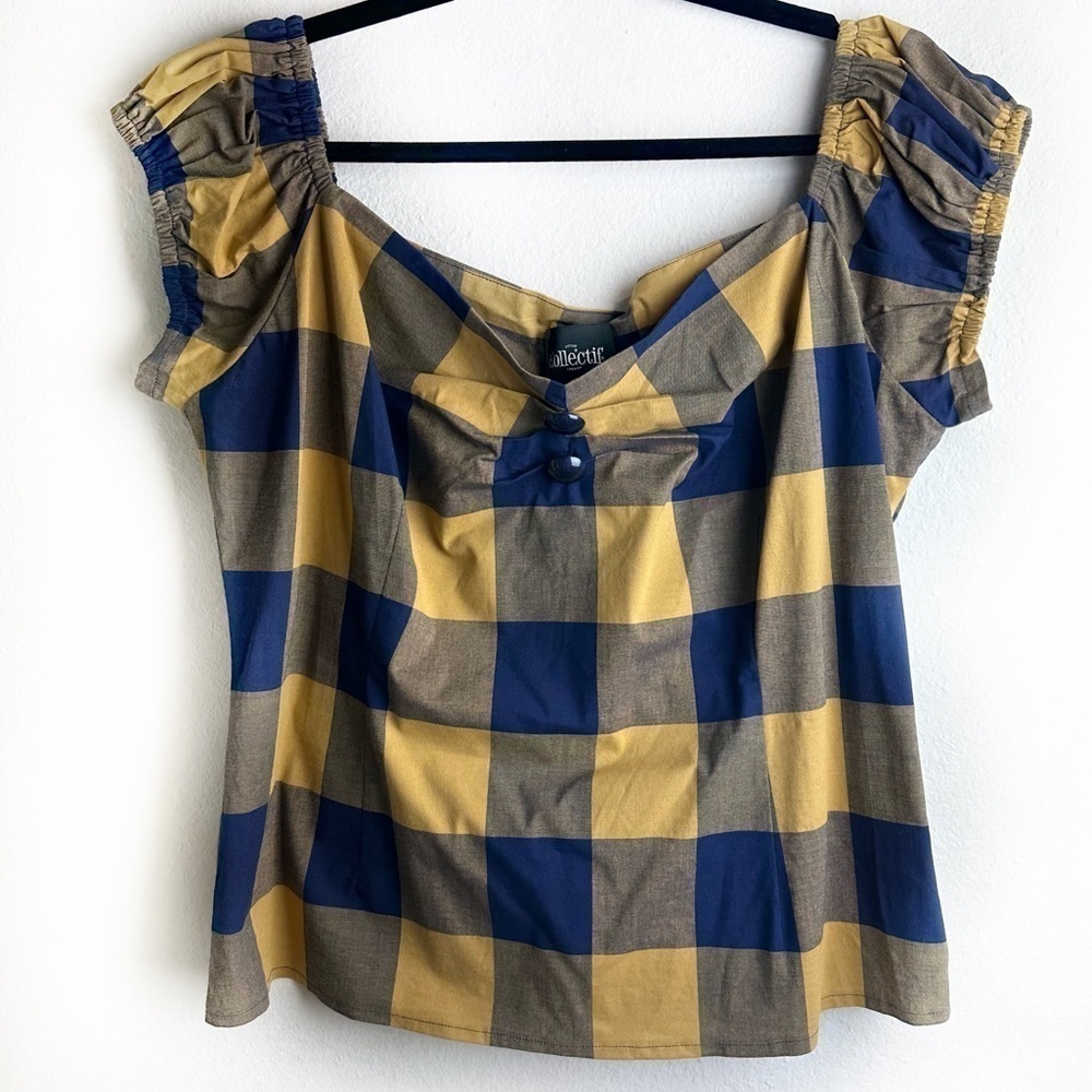 Collectif London Dolores New Forest Check Top Navy Mustard Size 4XL US 18